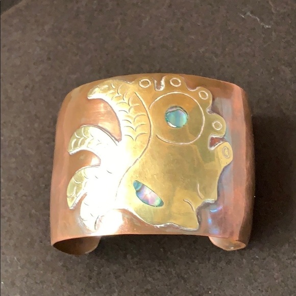Vintage Copper Abalone Brass Inlay Cuff Bracelet - Picture 1 of 5